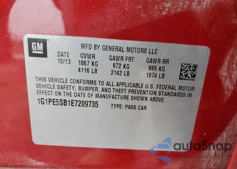 2014 Chevrolet Cruze Lt из США, поврежденный, VIN 1G1PE5SB1E7209735